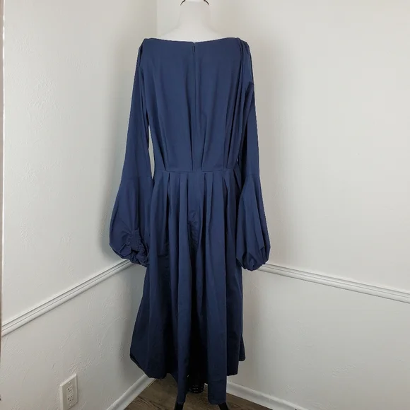 Eshakti Dress Bishop Sleeve Cotton Poplin Pleated Navy Blue Modest Classic Midi - Picture 9 of 15